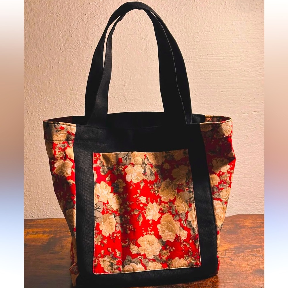 Hand-Crafted Floral Tote Bag with Black Accents